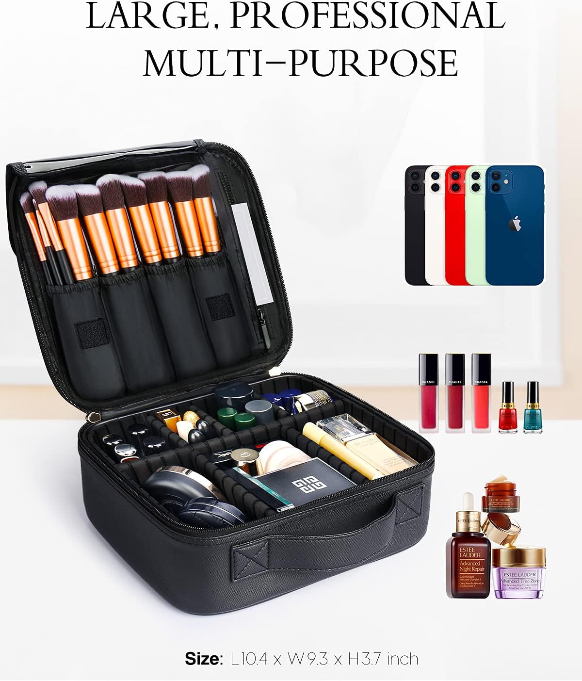 Leather Travel Makeup Train Case, Waterproof Makeup Bag Cosmetic Case Organizer, Large Cosmetic Makeup Case with Adjustable Dividers for Women Cosmetics Brushes Toiletry Jewelry Etc. (Black)