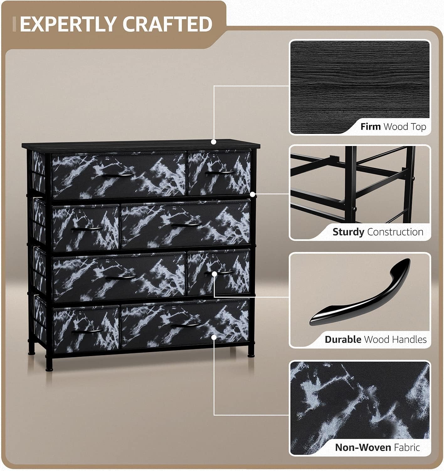 Dresser for Bedroom with 8 Drawers - Tall Chest Storage Tower Unit, for Closet, Hallway, Nursery, Entryway Organization - Steel Frame, Wood Top (Marble Black – Black Frame)