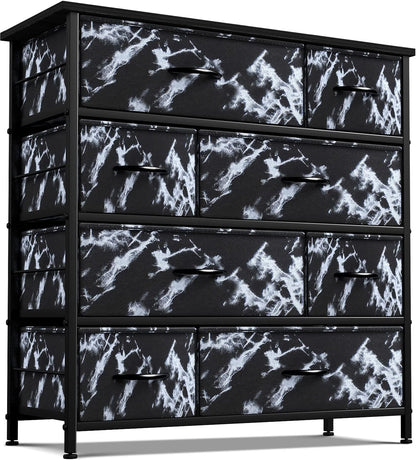 Dresser for Bedroom with 8 Drawers - Tall Chest Storage Tower Unit, for Closet, Hallway, Nursery, Entryway Organization - Steel Frame, Wood Top (Marble Black – Black Frame)